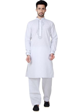 Readymade White Linen Pathani Suit Set