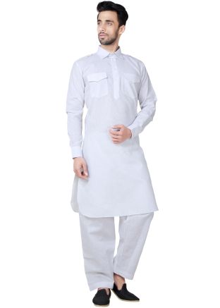 Readymade White Linen Pathani Suit Set