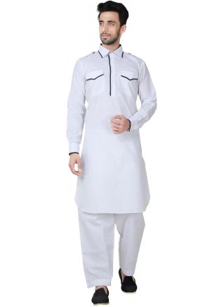Readymade White Linen Pathani Suit Set