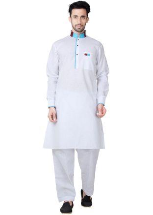 Readymade White Linen Pathani Suit Set