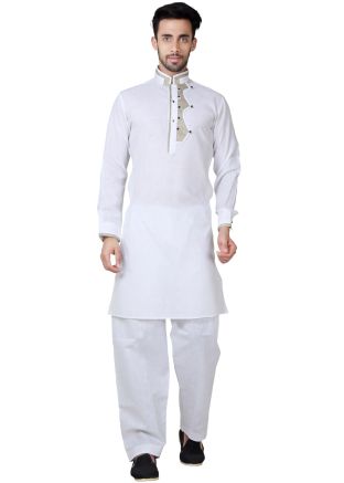 Readymade White Linen Pathani Suit Set