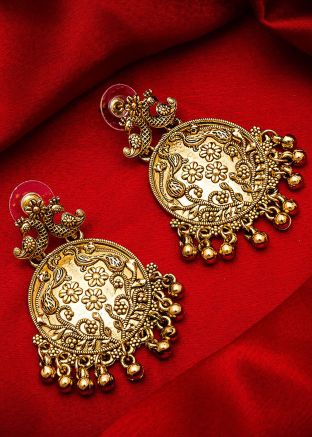 Indian Jewelry - Buy Golden Embossed Round Peacock Design Indian Earrings Online