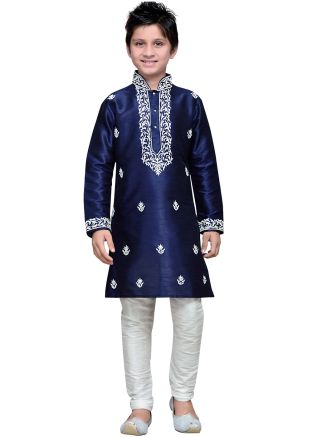 Readymade Navy Blue Art Silk Kids Kurta Pajama