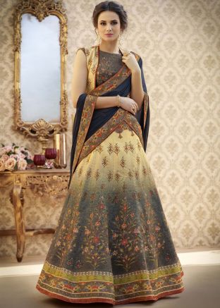 Cream & Grey Printed Lehenga Choli with Dupatta