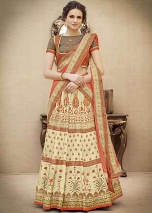 Cream Digital Printed Lehenga Choli with Dupatta