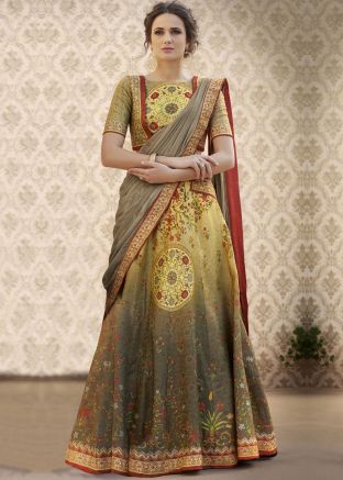 Yellow Grey Shaded Printed Lehenga Choli