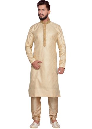 Beige Brocade Readymade Kurta Churidar Set