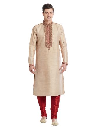 Beige Art Silk Readymade Kurta Churidar Set