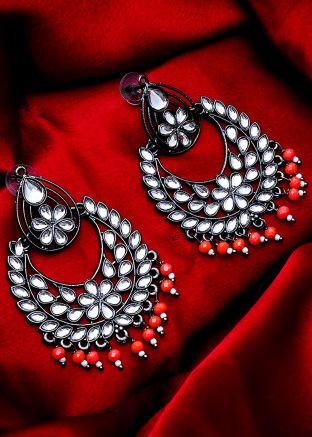 Silver and Red Oxidised Stone Studded Earrings
