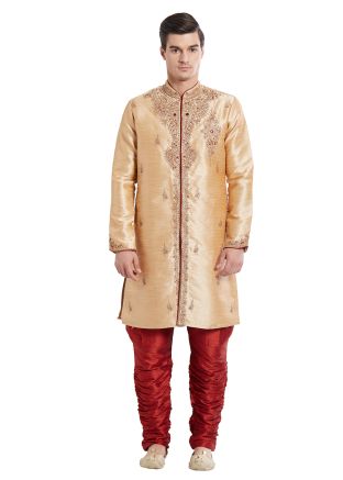 Beige Art Silk Sherwani Breeches Readymade Set