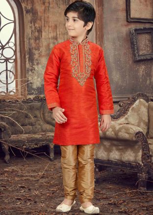 Orange Art Silk Kids Kurta Pyjama Set