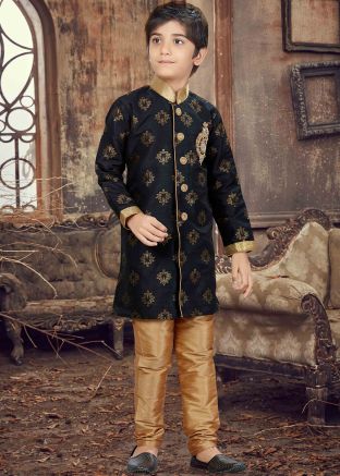Black Woven Art Silk Kids Sherwani Set