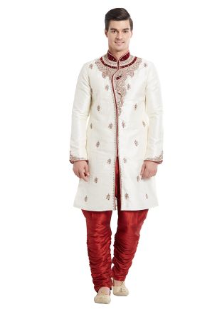White Art Silk Readymade Sherwani Breeches Set
