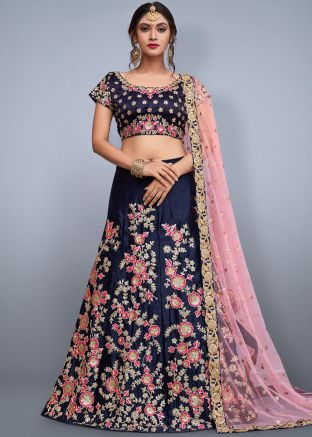 Navy Blue Embroidered Art Silk Lehenga Choli