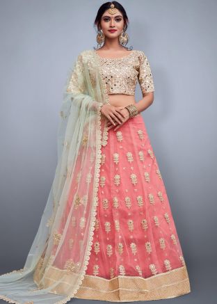 Coral Peach Embroidered Net Lehenga Choli