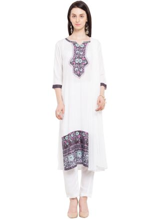 Readymade White Printed Straight Cotton Pant Suit