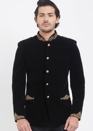 Black Velvet Embroidered Bandhgala Jodhpuri Jacket