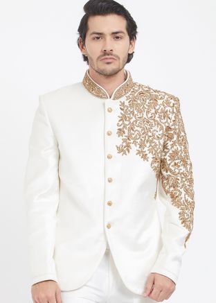 Velvet Embroidered Bandhgala Jodhpuri Jacket In White