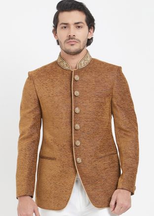 Brown Jute Readymade Bandhgala Jodhpuri Jacket