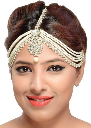 Pearl Beaded Stone Studded Matha Patti In White