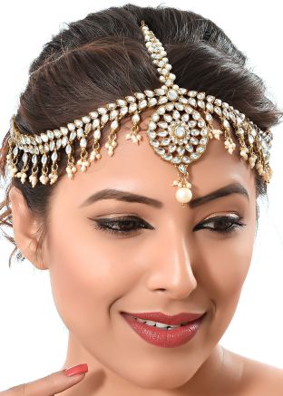 Pearl Beaded Stone Studded Matha Patti In White