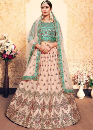 Pastel Peach Embroidered Satin Lehenga Choli