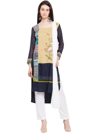Readymade Dark Blue Cotton High Low Pant Suit