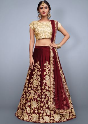 Maroon Bridal Embroidered Velvet Lehenga Choli