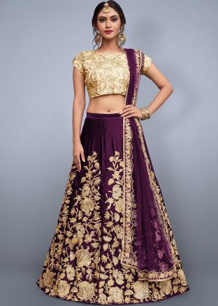 Purple Bridal Embroidered Velvet Lehenga Choli