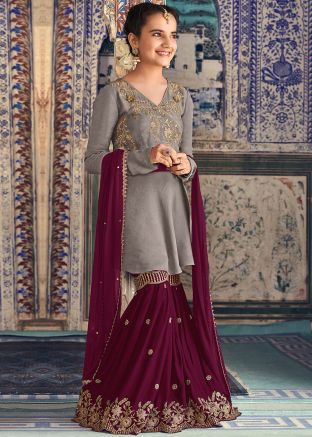 Grey Angrakha Style Kids Sharara Suit