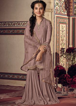 Mauve Cold Shoulder Pakistani Sharara Kids Suit