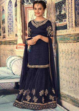Navy Blue Straight Cut Embroidered Sharara Kids Suit