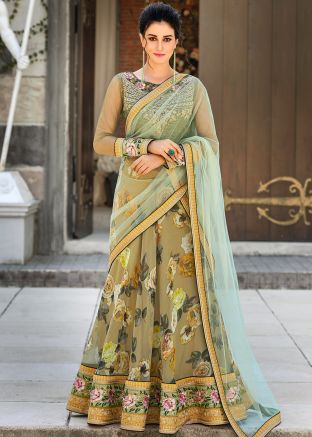 Green Floral Digital Print Organza Silk Lehenga Choli