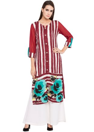 Readymade Red Cotton Straight Cut Long Kurta