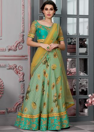 Sea Green Floral Digital Print Lehenga Choli