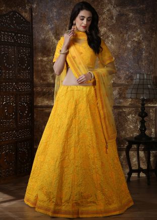 Yellow Chikankari Embroidered Lehenga Choli