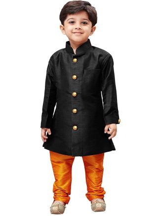 Readymade Black Dupion Silk Kids Sherwani Set