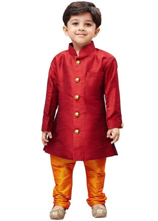 Readymade Maroon Dupion Silk Kids Sherwani Set