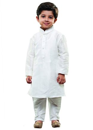 Readymade White Dupion Silk Kids Kurta Pajama