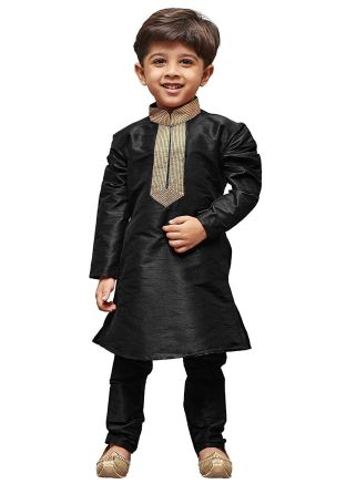 Readymade Black Dupion Silk Kids Kurta Pajama