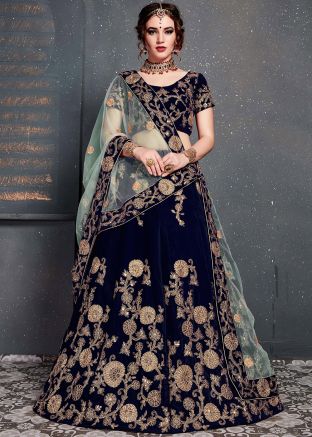 Navy Blue Embroidered Bridal Lehenga Choli