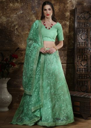 Organza Silk Green Embroidered Lehenga Choli