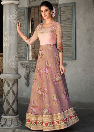 Mauve Purple Floral Digital Print Readymade Gown