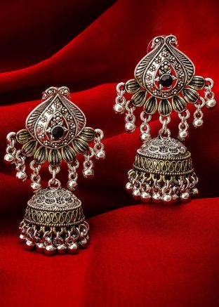 Oxidised Silver Beaded Jhumki Style Earrings