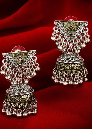 Oxidised Jhumki Earrings in Silver
