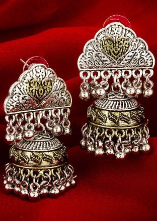 Oxidised Silver Beaded Jhumki Style Earrings