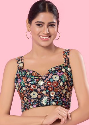 Navy Blue Color Brocade Saree Blouse 