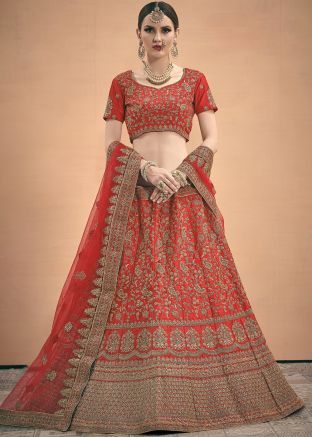 Red Satin Embroidered Bridal Lehenga Choli