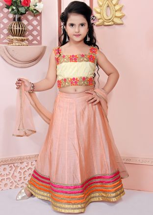 Peach Readymade Kids Lehenga Choli With Dupatta