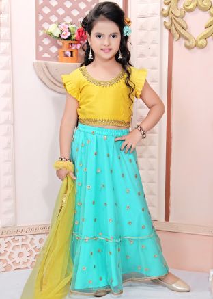 Readymade Turquoise Sequins Embellished Kids Lehenga Choli